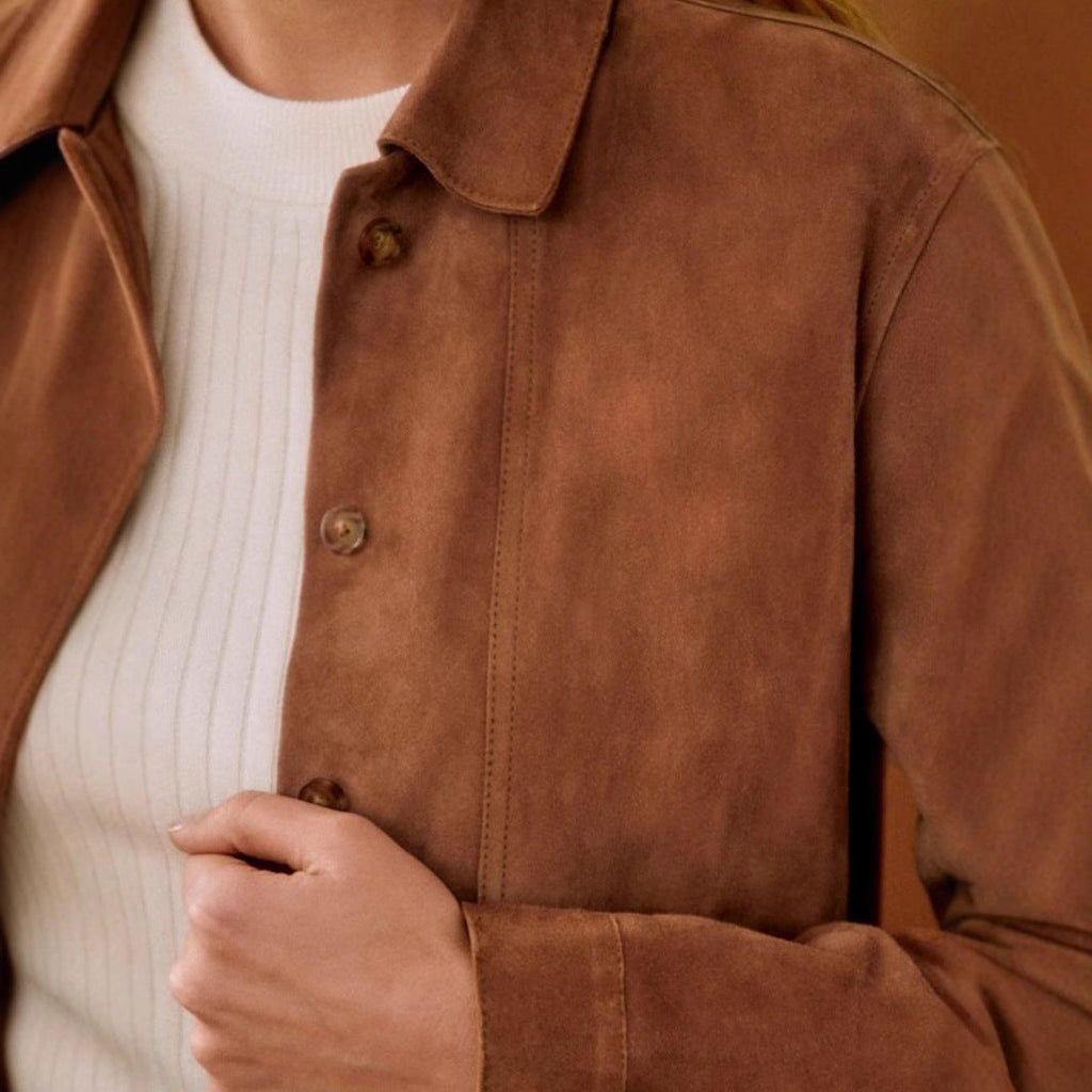 Shawl-collar Suede-like Faux Leather Shirt Jacket