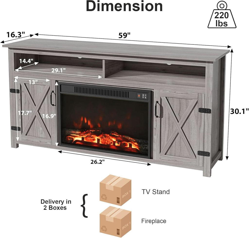 Rustic Fireplace TV Stand 65 Inch with Barn Doors Grey Wash