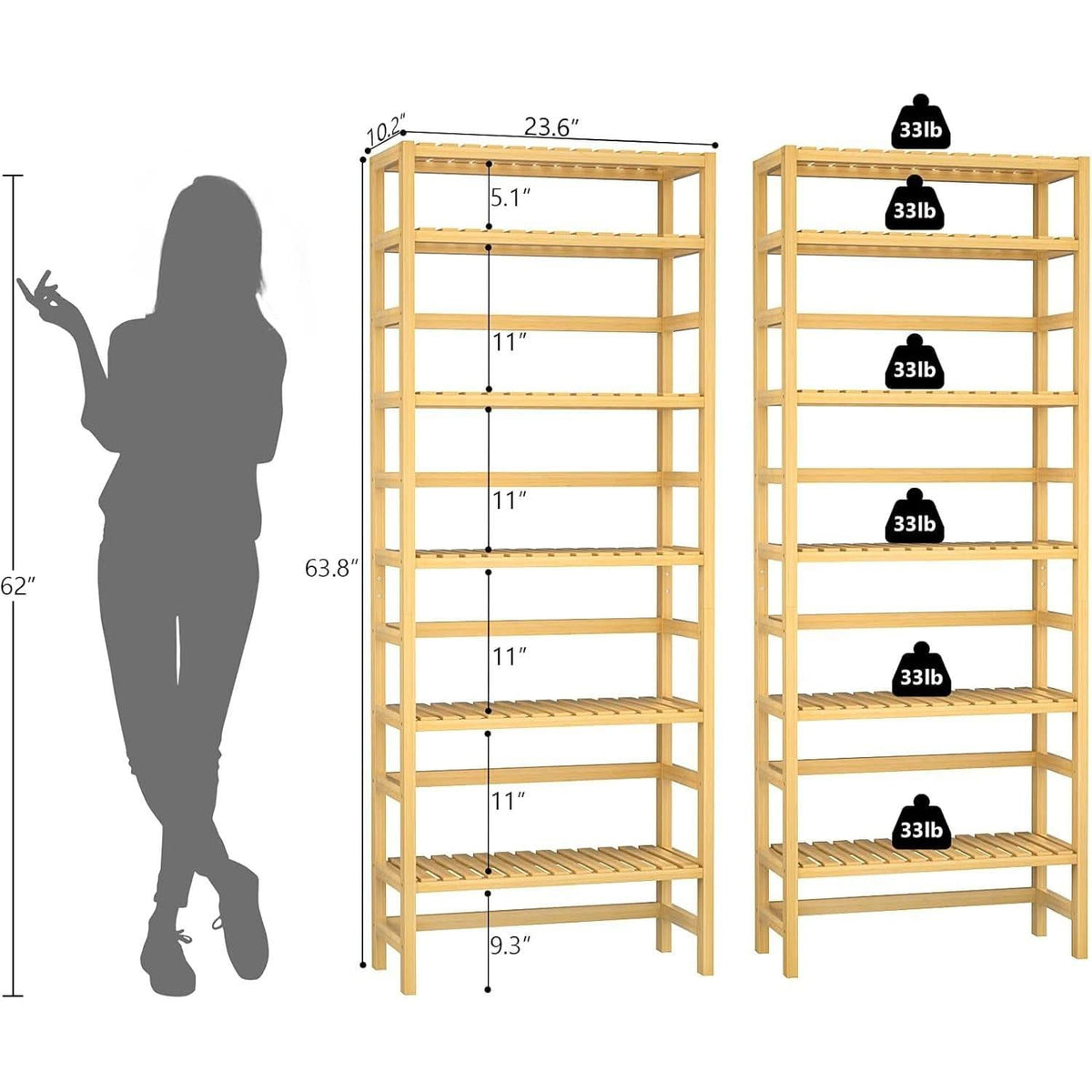 Six Tier Adjustable Bamboo Bookshelf Tall 63 Inch Natural