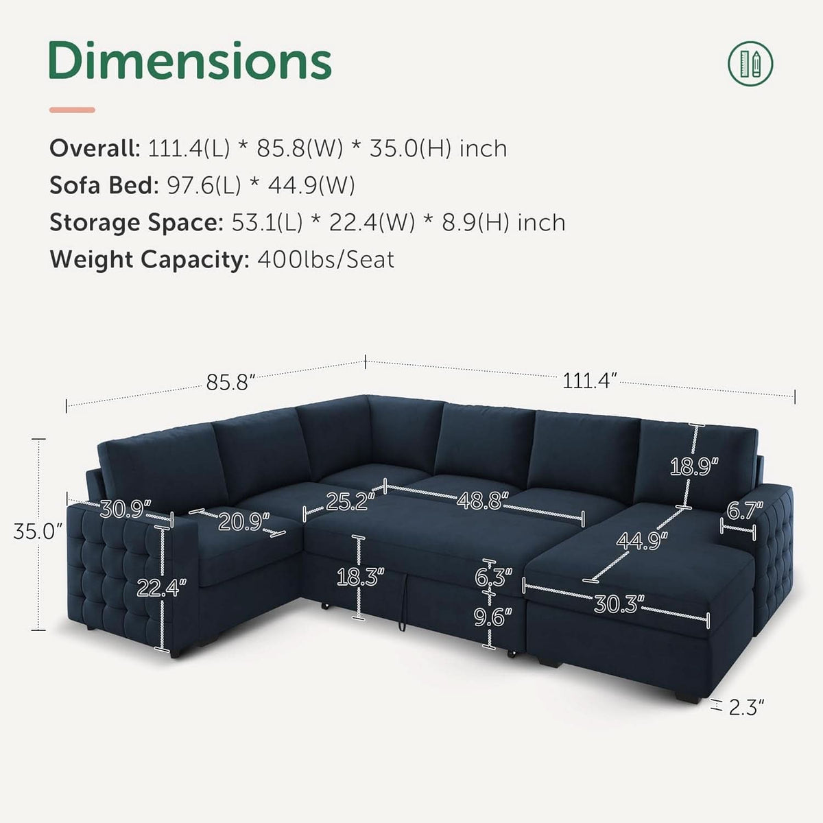 Blue Velvet U Shaped Sleeper Sofa With Pull Out Bed
