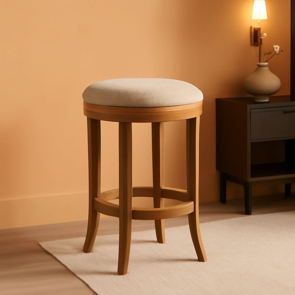 Eva 31 Inch Bar Height Backless Swivel Bar Stool Weathered Oak Sand Fabric