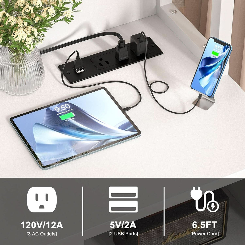 White Printer Stand With Locking File Cabinet And Charging Station