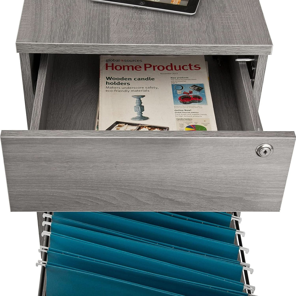 Grey Rolling Locking Two Drawer Vertical Filing Cabinet