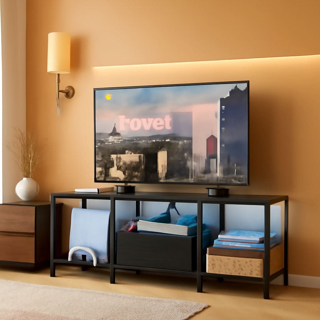 LED TV Stand For 55 Inch TVs With Open Shelves Black