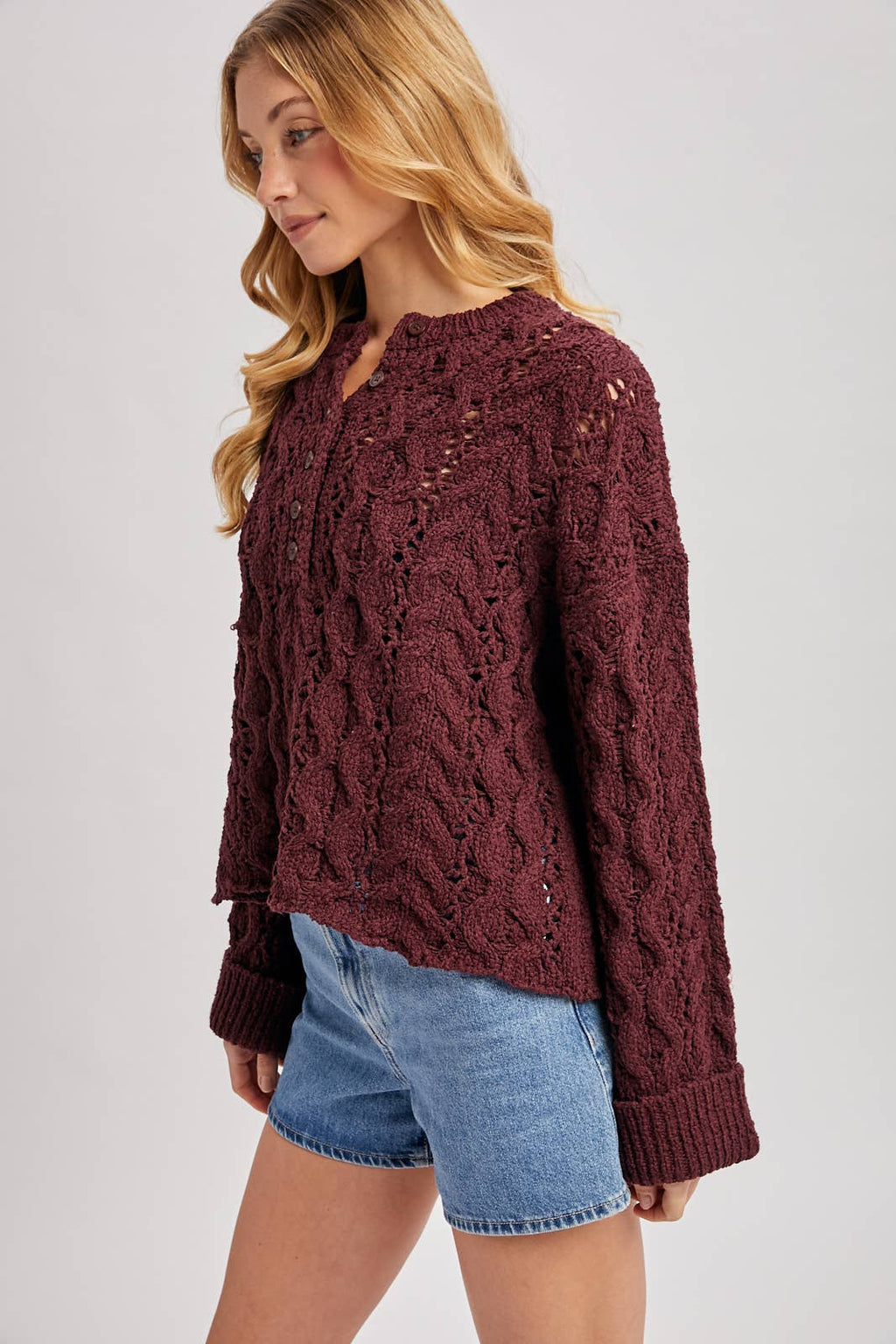 Half-Button Down Open Knit Sweater: ECRU