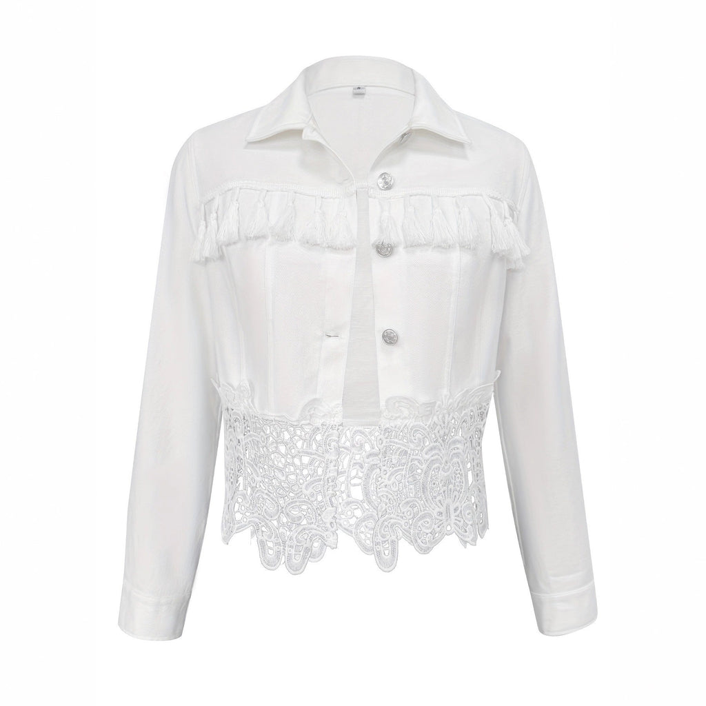Womens Lapel Hem Hollow-Out Patchwork Tassel Coat