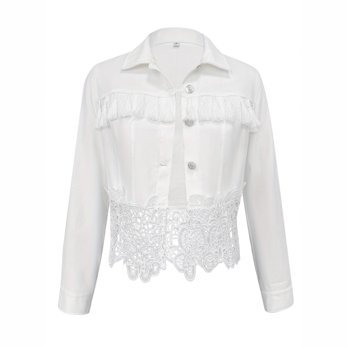 Womens Lapel Hem Hollow-Out Patchwork Tassel Coat