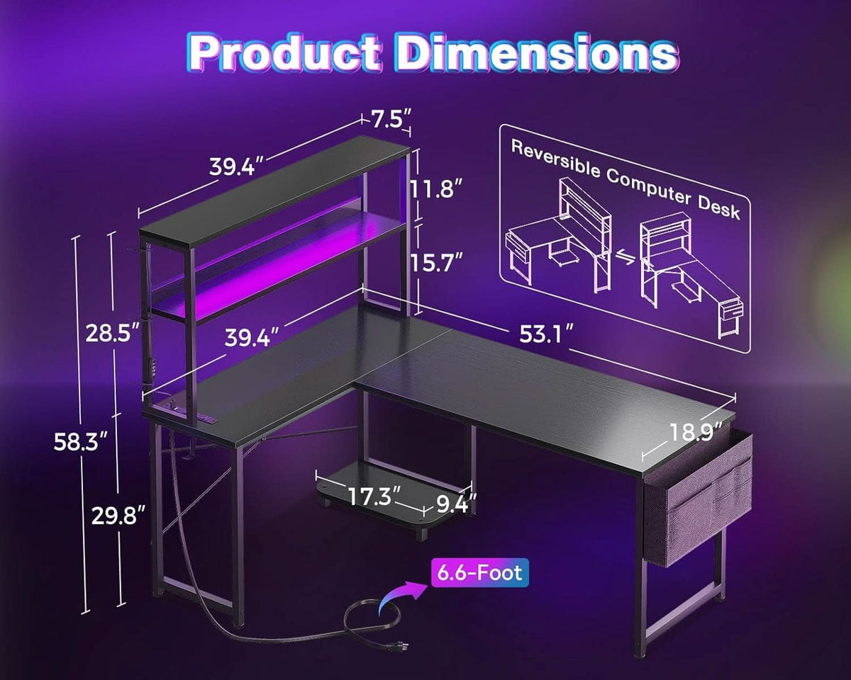 L Shaped Gaming Desk With LED Lights And Power Outlets