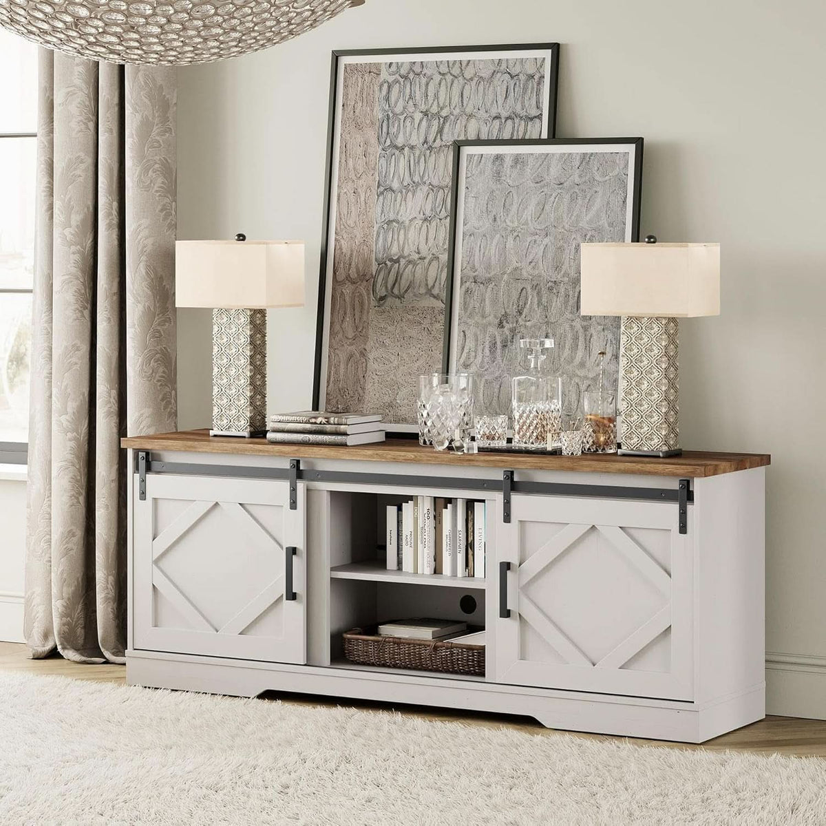 Modern Farmhouse 3 In 1 TV Stand For Up To 95 Inch TVs Wood