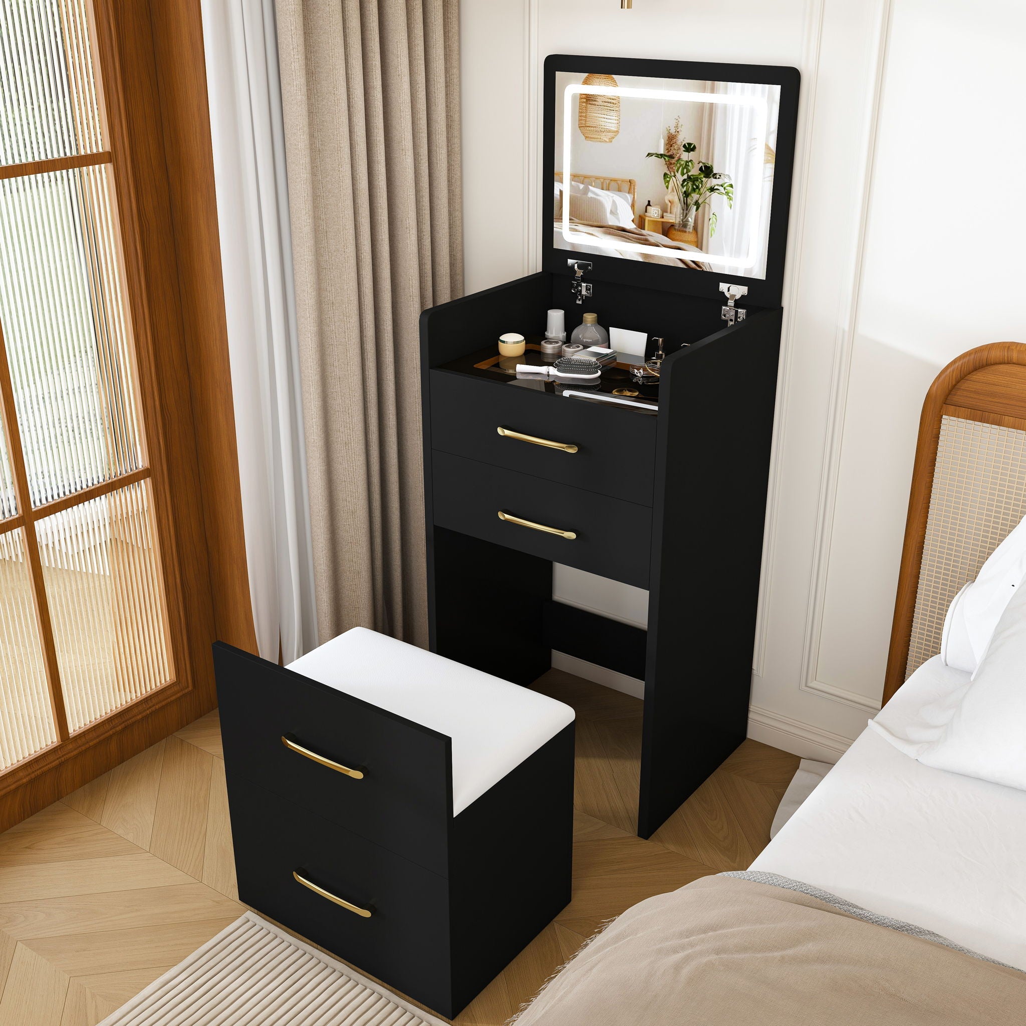 3 In 1 Vanity Desk With Open Top Mirror, Glass Desktop Makeup Set With 3 Drawers, Compact Dressing Table For Bedroom - Black