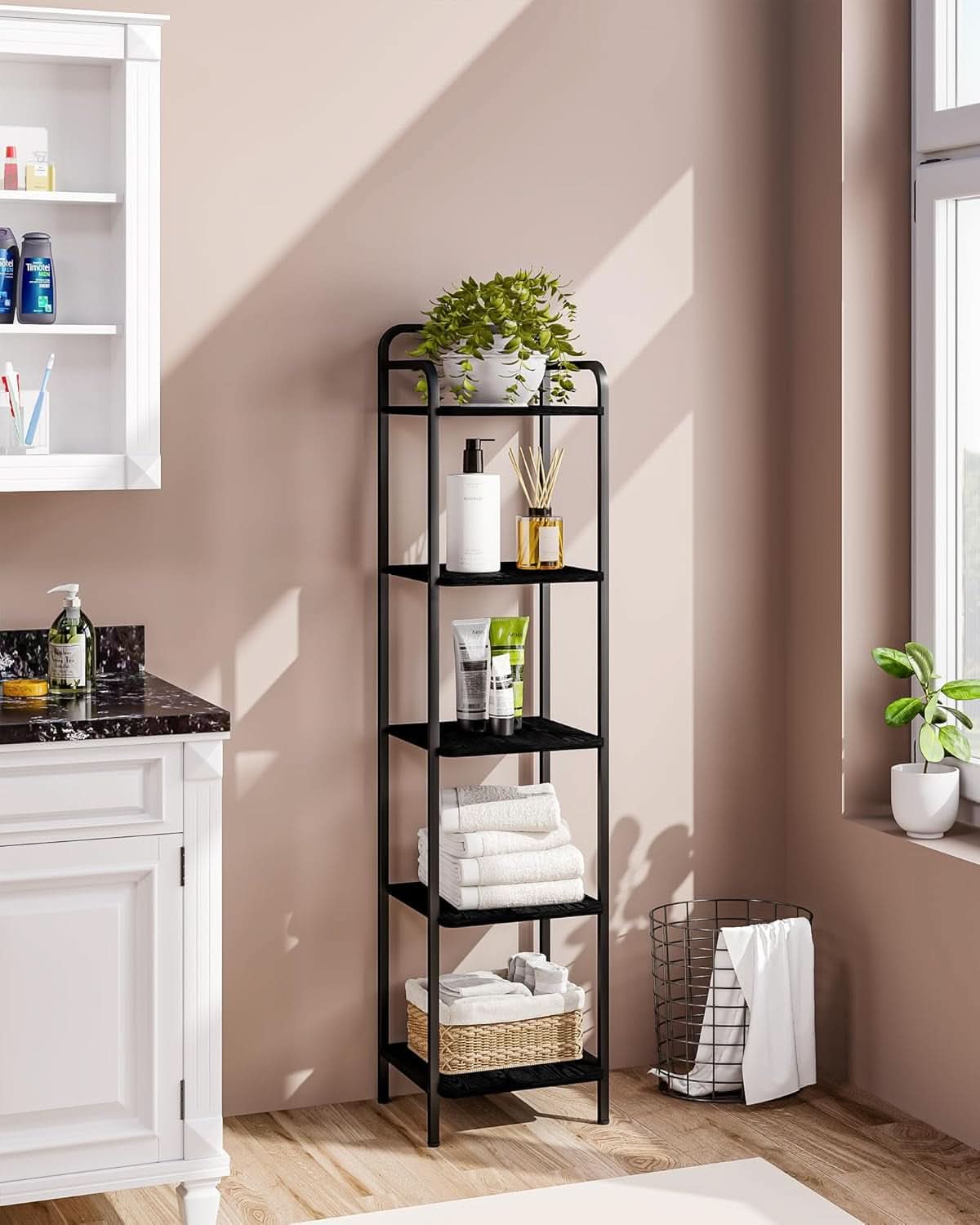 Black 5 Tier Narrow Bookcase Corner Shelf Organizer Industrial Design