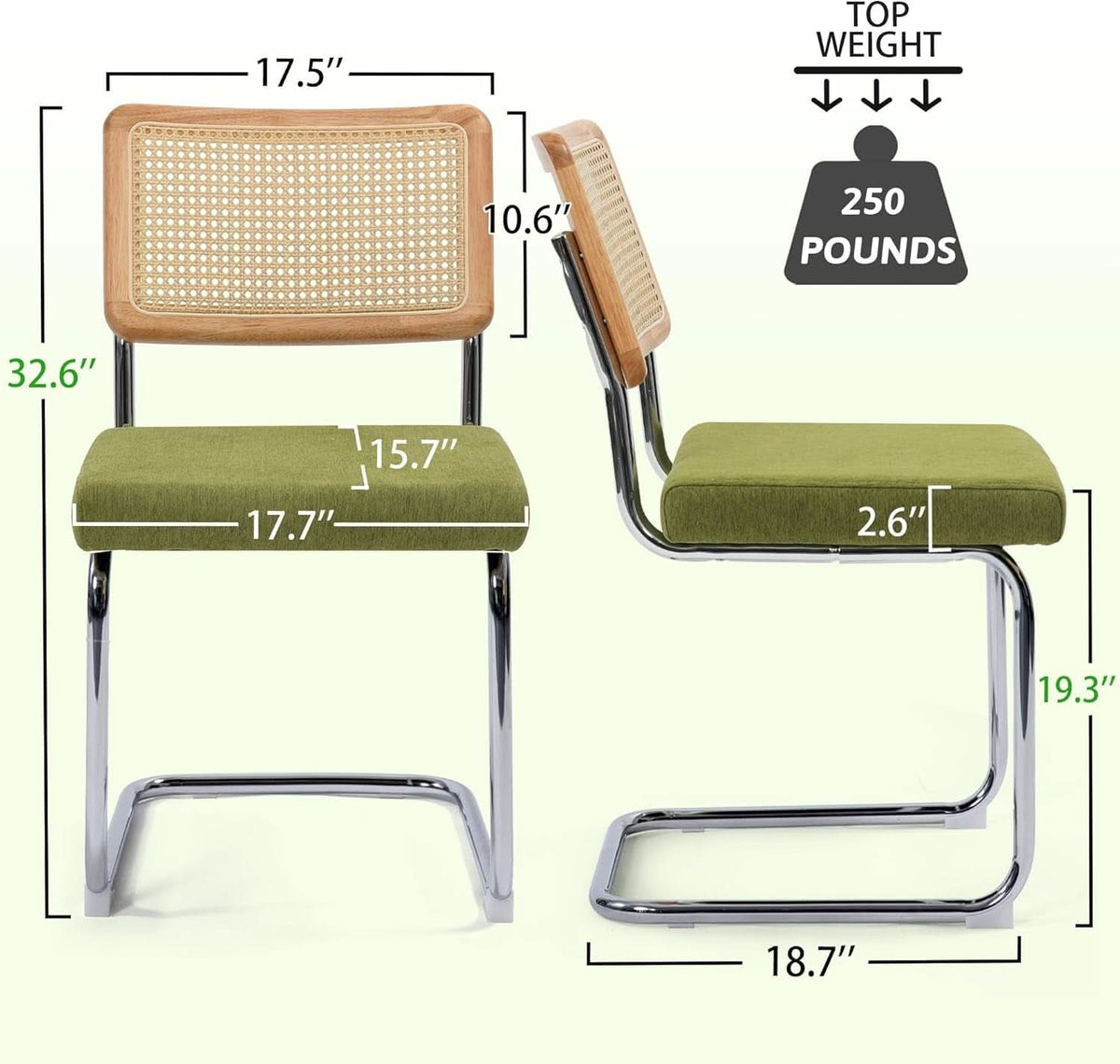 Green Handwoven Cane Dining Chairs Set Of 2 Chrome Base