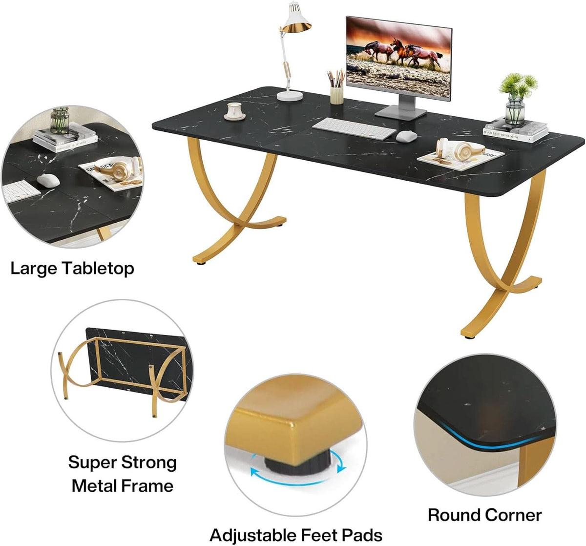 Executive Desk 63 Inch Wide Black And Gold Office Desk