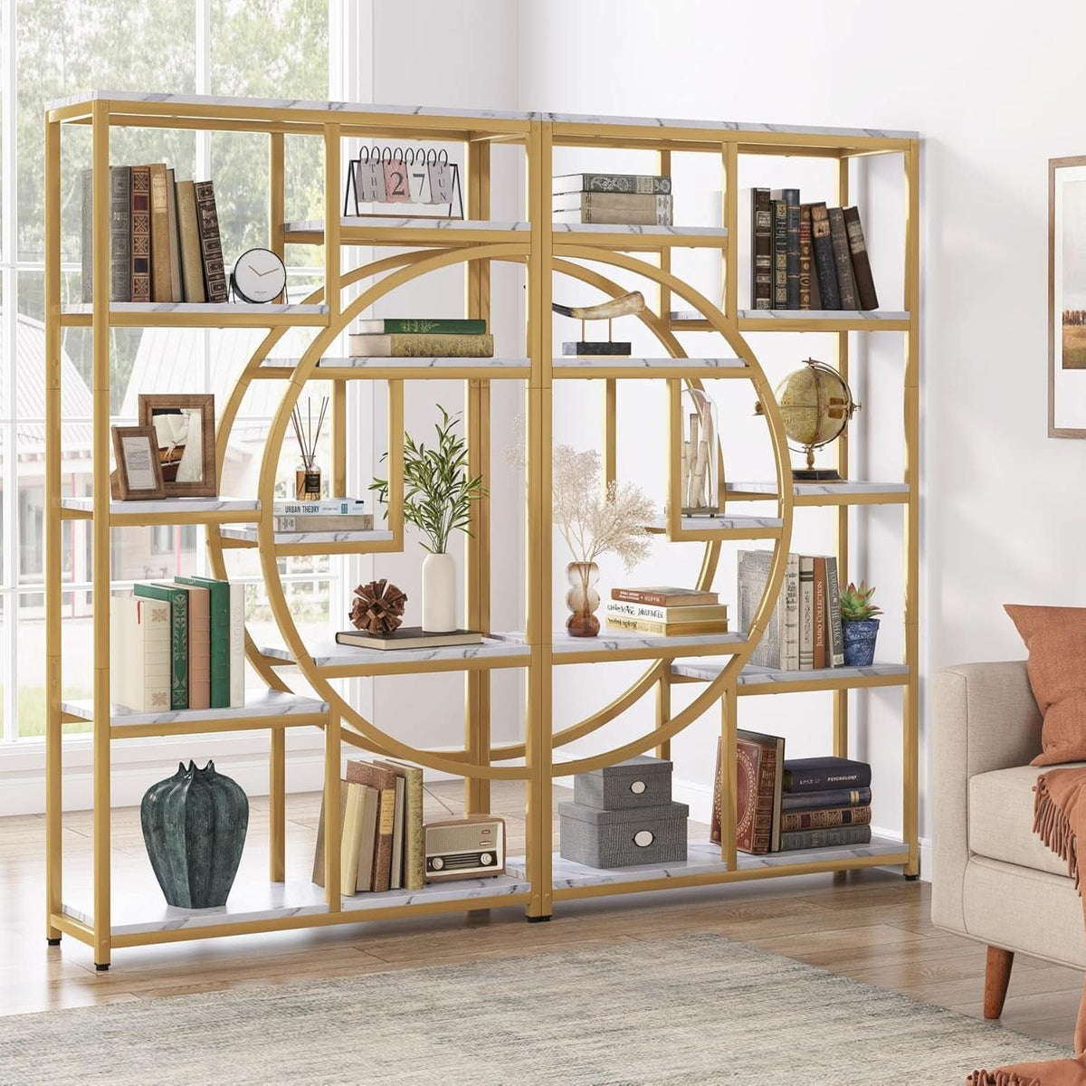 Industrial 5 Tier Etagere Bookcase Gold Frame Shelves