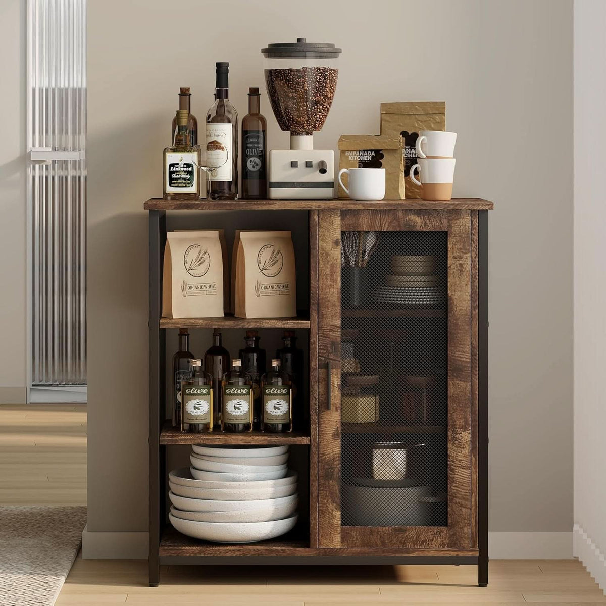 Mini Coffee Bar Cabinet 27.5 Inch Brown Finish Storage Unit