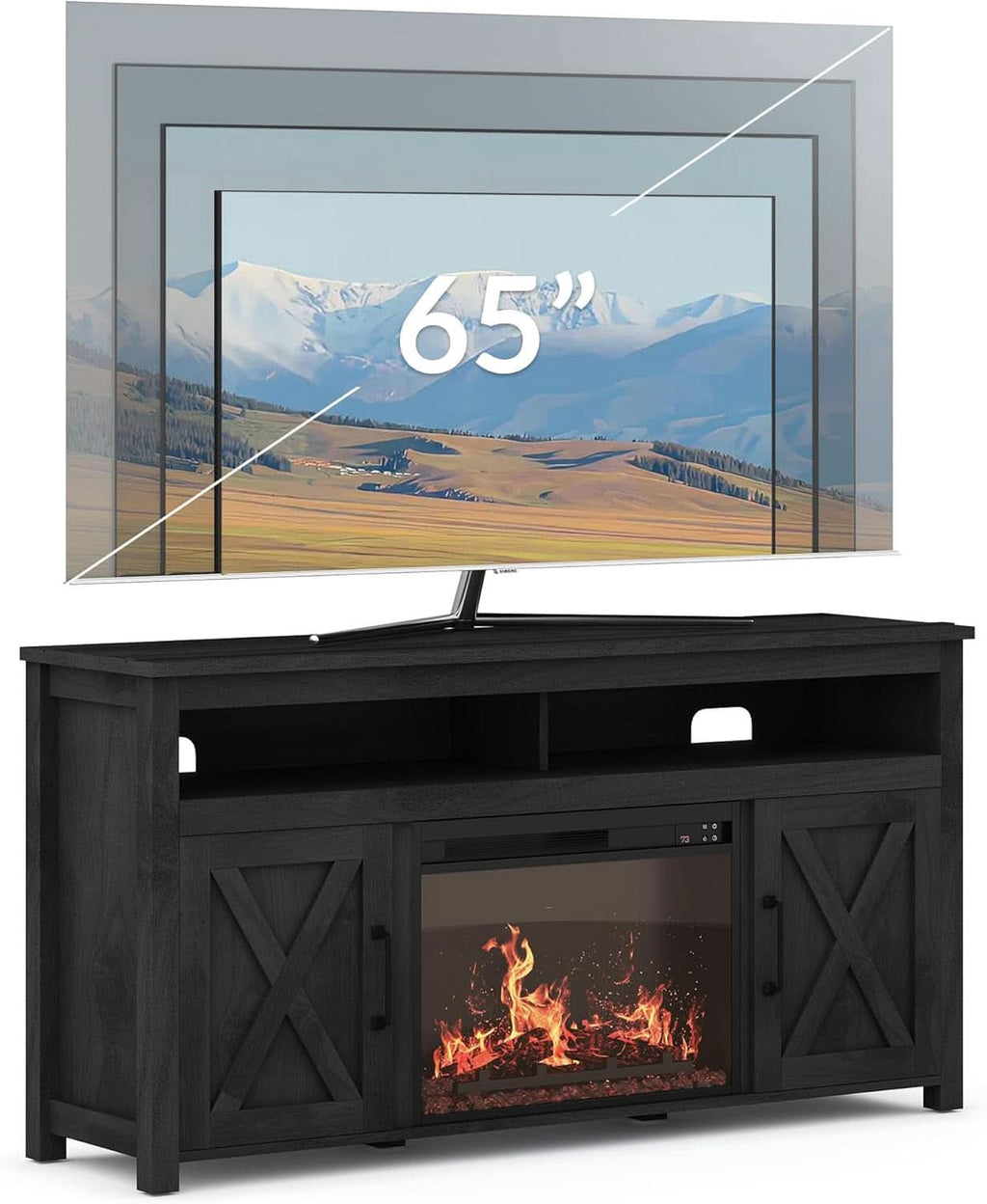 58 Inch Farmhouse TV Stand With Electric Fireplace Grey