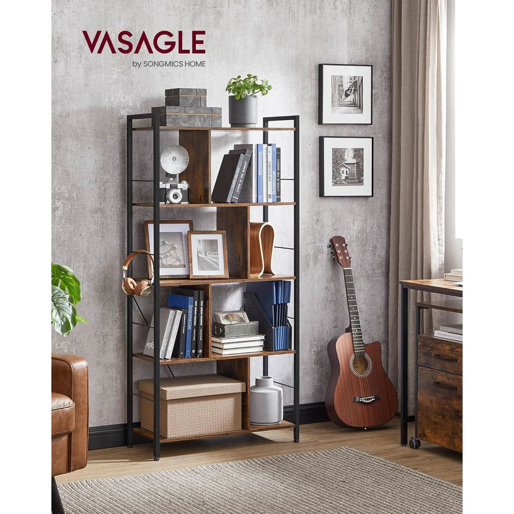 5 Tier Bookshelf Rustic Brown And Black Metal Frame