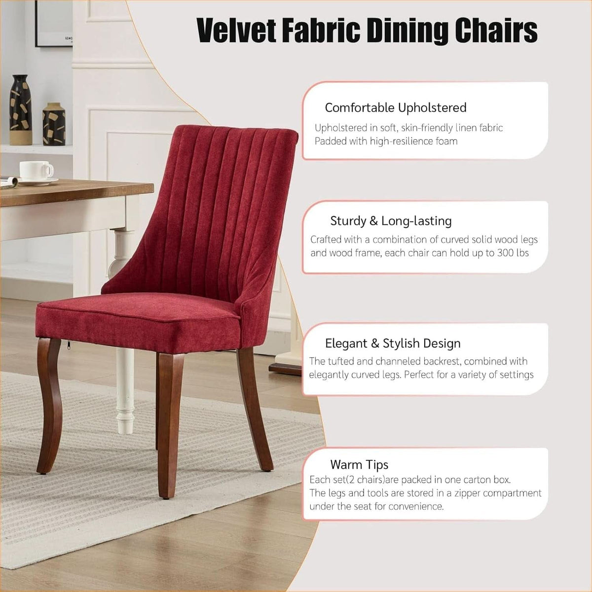 Velvet Dining Chairs Wine Red Channel Tufted Wood Legs