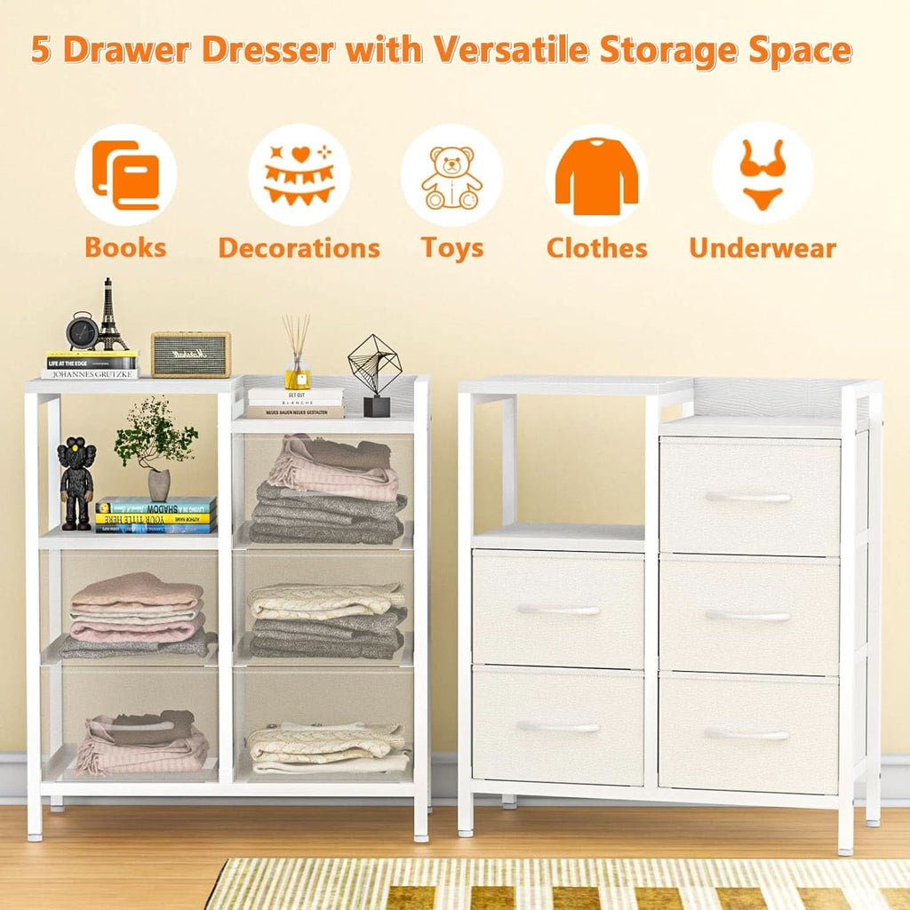 White 5 Drawer Dresser With Metal Frame Bedroom Storage