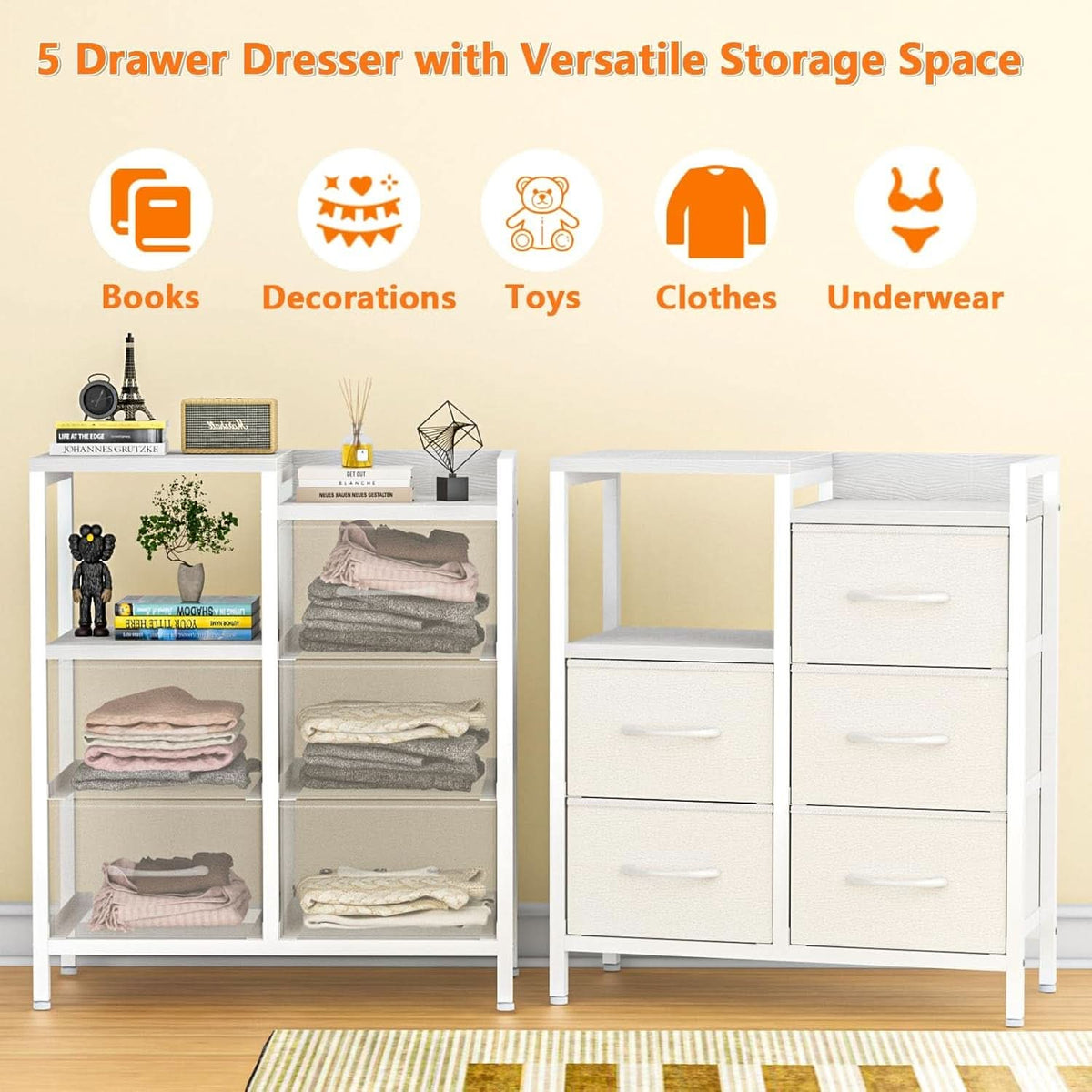 White 5 Drawer Dresser With Metal Frame Bedroom Storage