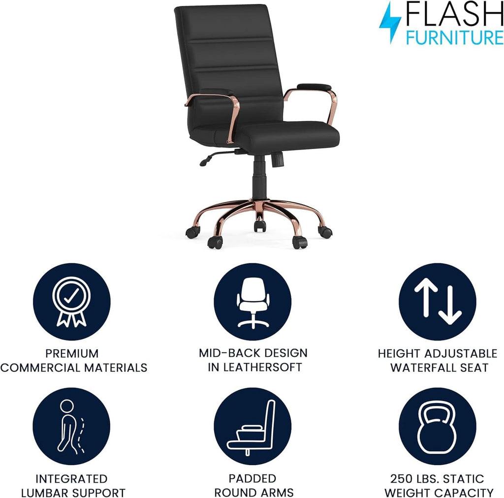Whitney Mid Back LeatherSoft Desk Chair With Adjustable Height Black Rose Gold