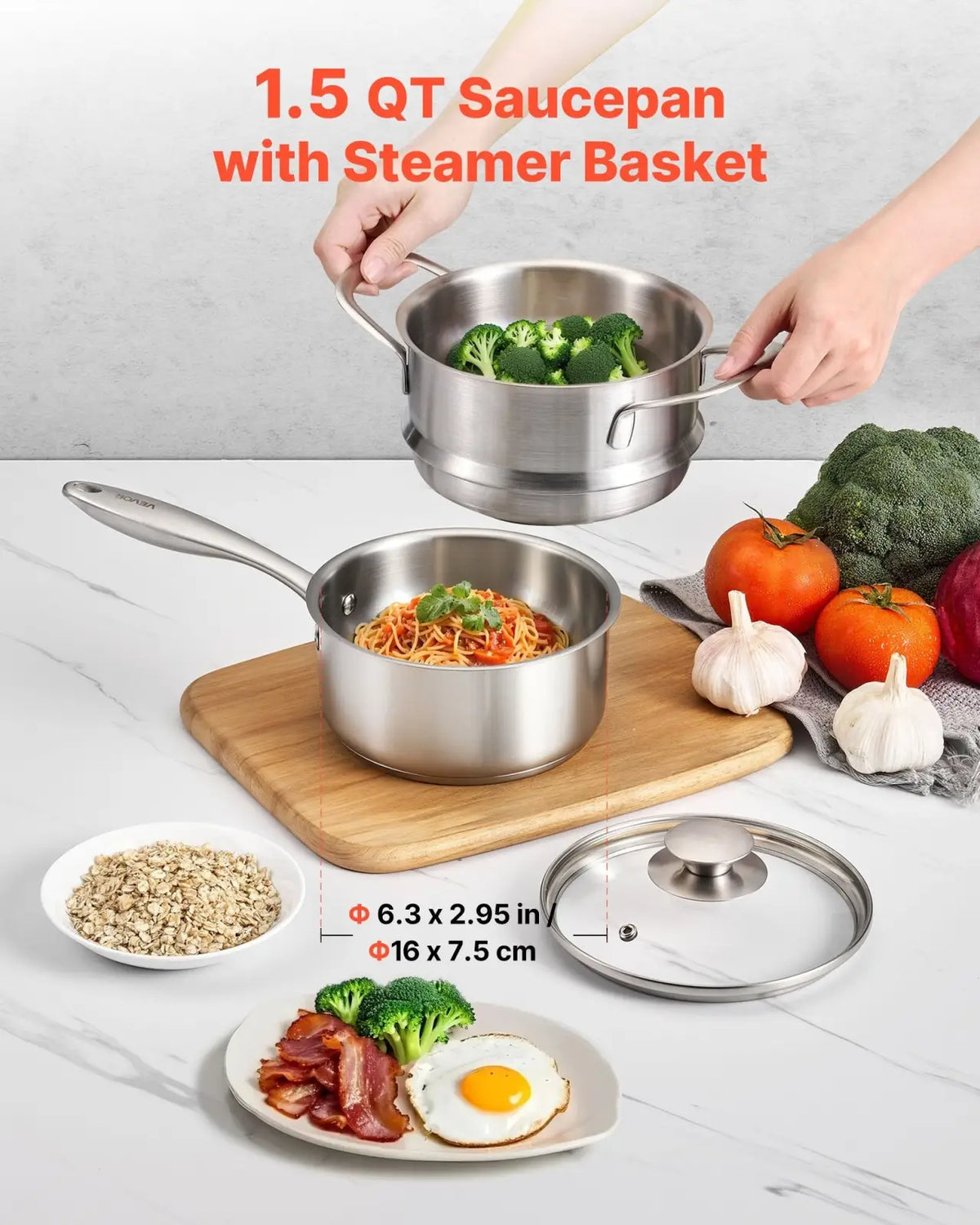 1.5 Qt Stainless Steel Saucepan with Steamer Basket
