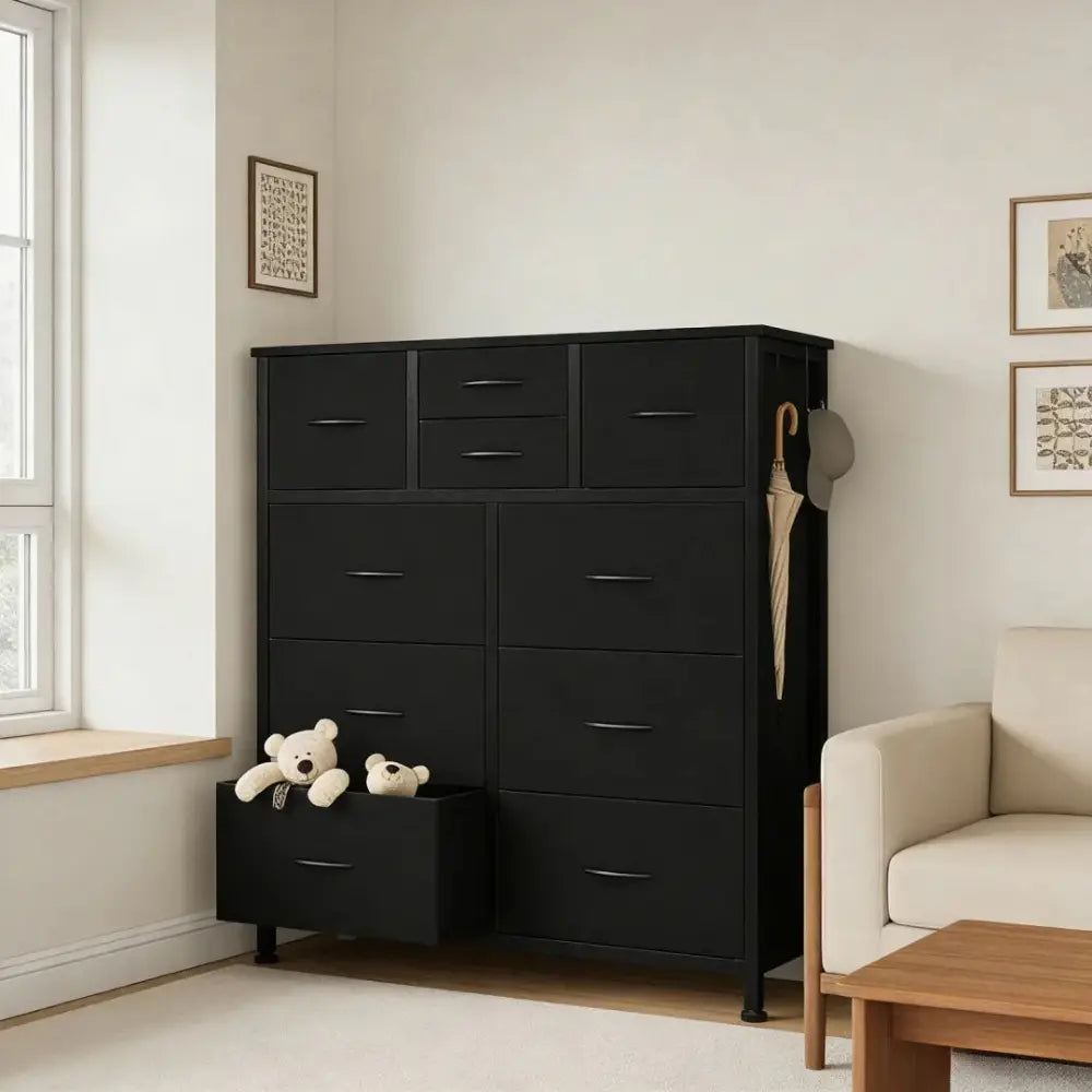 10 Drawer Dresser with Wood Top and Side Storage Hooks