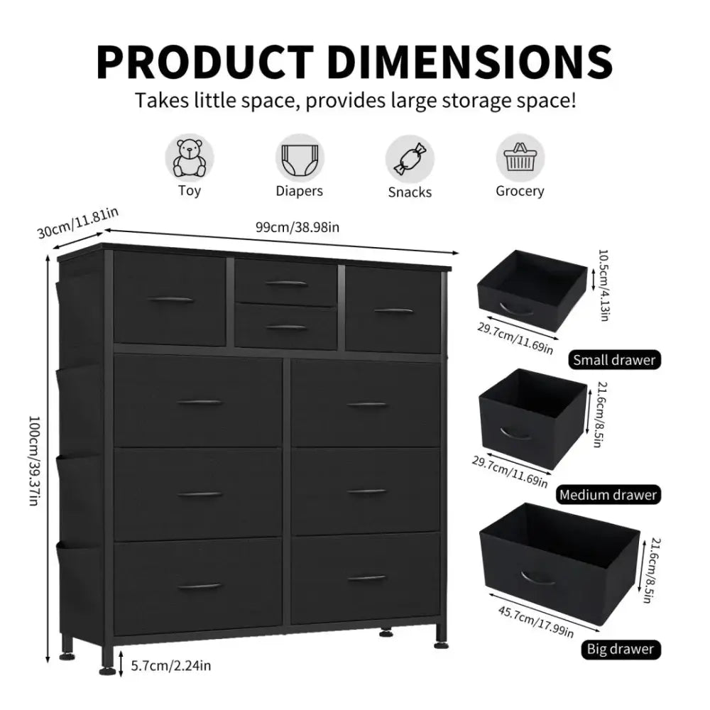 10 Drawer Dresser with Wood Top and Side Storage Hooks