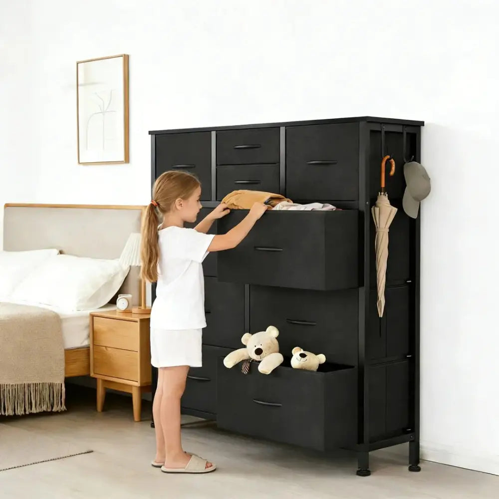10 Drawer Dresser with Wood Top and Side Storage Hooks