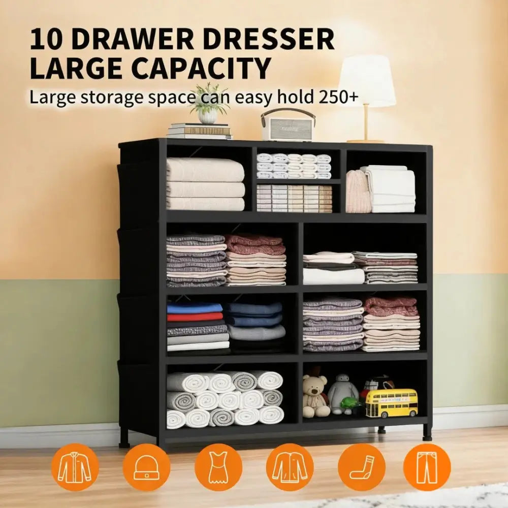 10 Drawer Dresser with Wood Top and Side Storage Hooks
