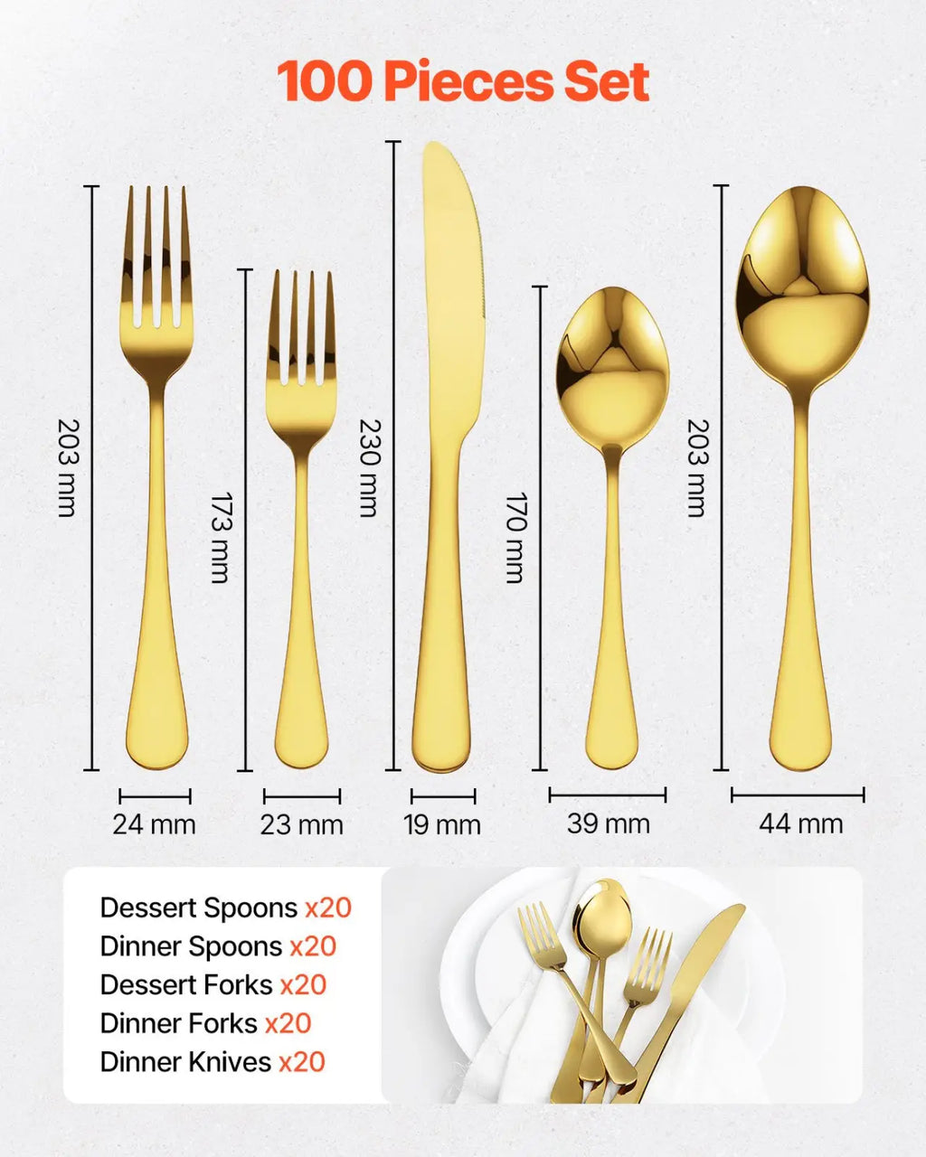100-piece Gold Stainless Steel Silverware Set for 20