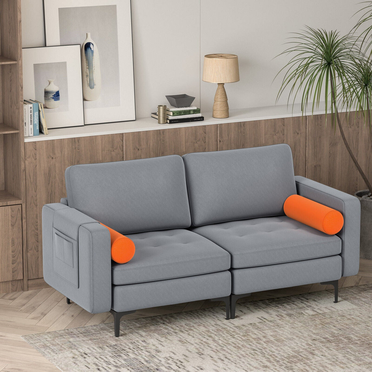 Modern Loveseat Sofa with 2 Bolsters and Side Storage Pocket-Gray