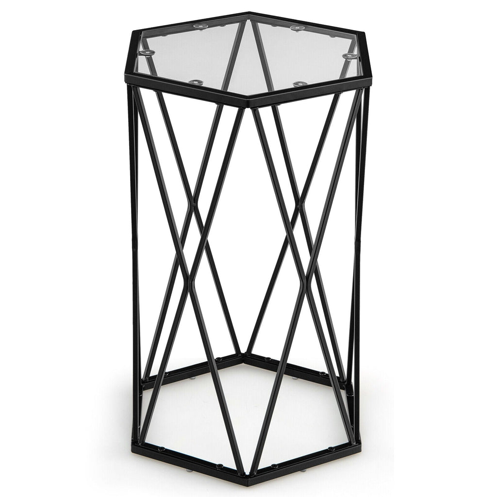 Hexagonal Accent End Table with Tempered Glass Top and Metal Frame