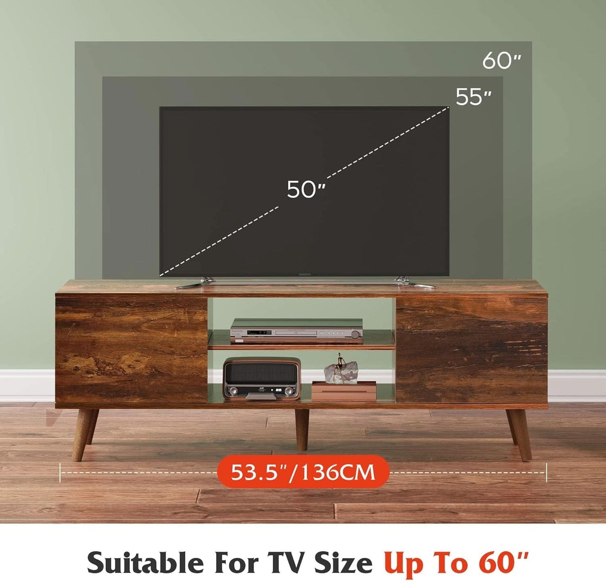 Mid Century TV Stand 55 to 60 Inch Retro Brown Finish