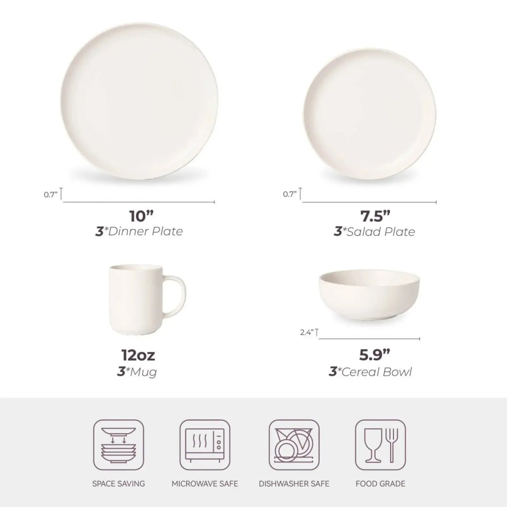 12 Piece Stoneware Dinnerware Set with Mugs for 3