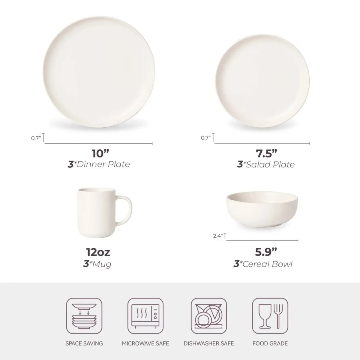12 Piece Stoneware Dinnerware Set with Mugs for 3
