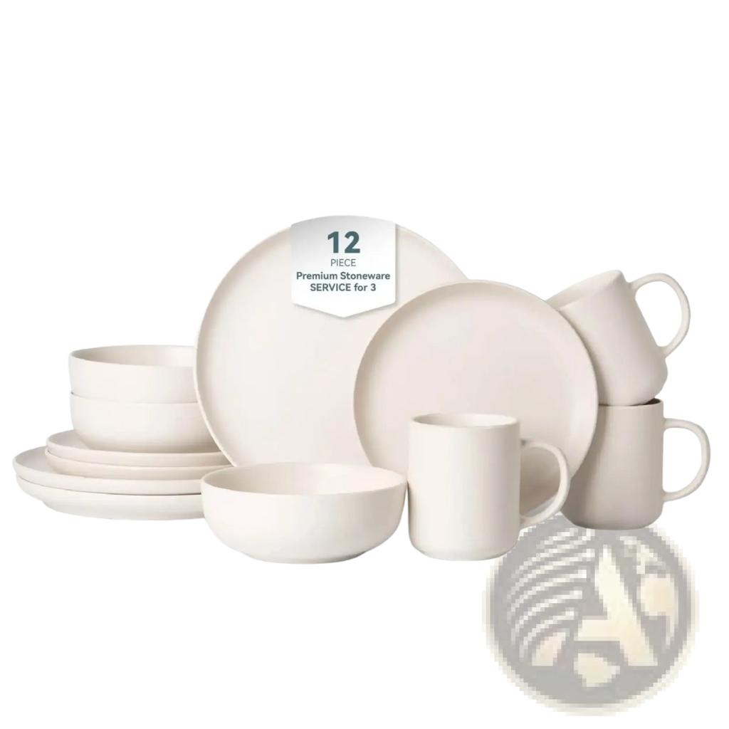 12 Piece Stoneware Dinnerware Set with Mugs for 3