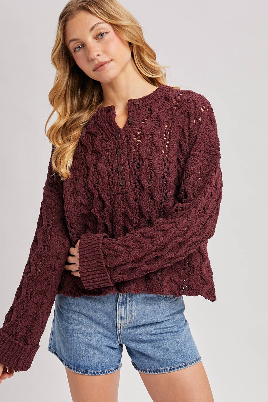 Half-Button Down Open Knit Sweater: ECRU