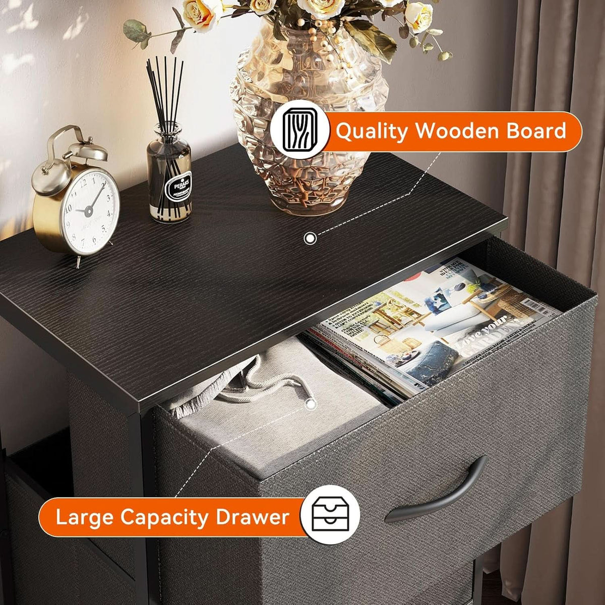 Dark Grey Dresser Nightstand With 3 Drawers Space Saver