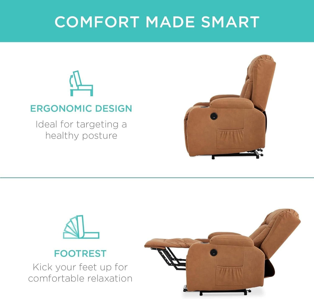 Cognac PU Leather Power Lift Recliner With Massage And Heat