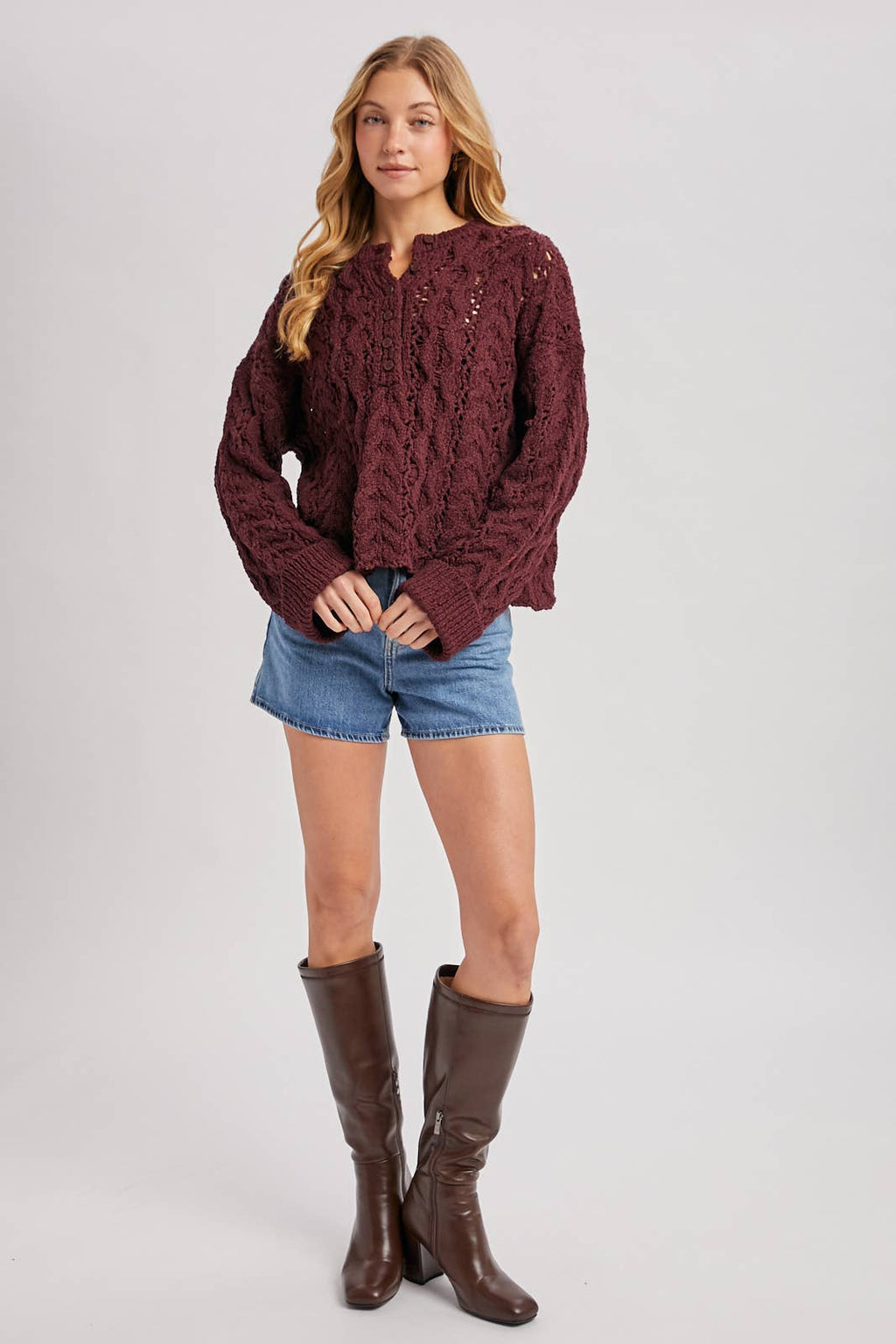 Half-Button Down Open Knit Sweater: ECRU