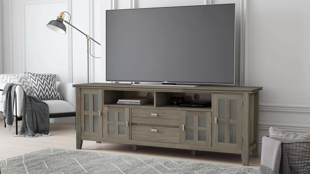 Solid Wood TV Stand 72 Inch Wide Distressed Grey Finish