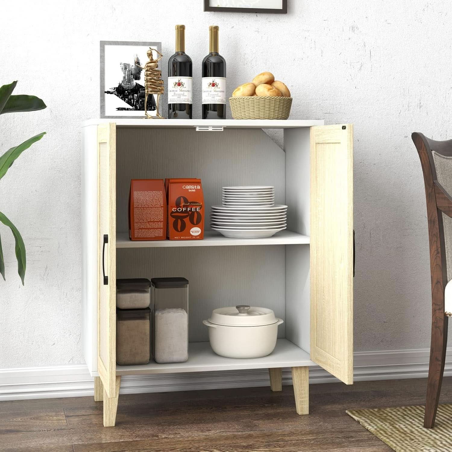 White Buffet Cabinet Sideboard With Rattan Doors Storage