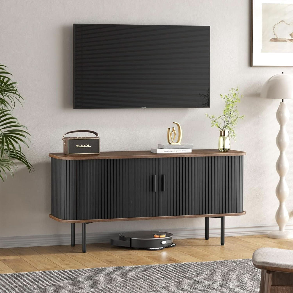 47 Inch Black TV Stand With Sliding Doors And Storage