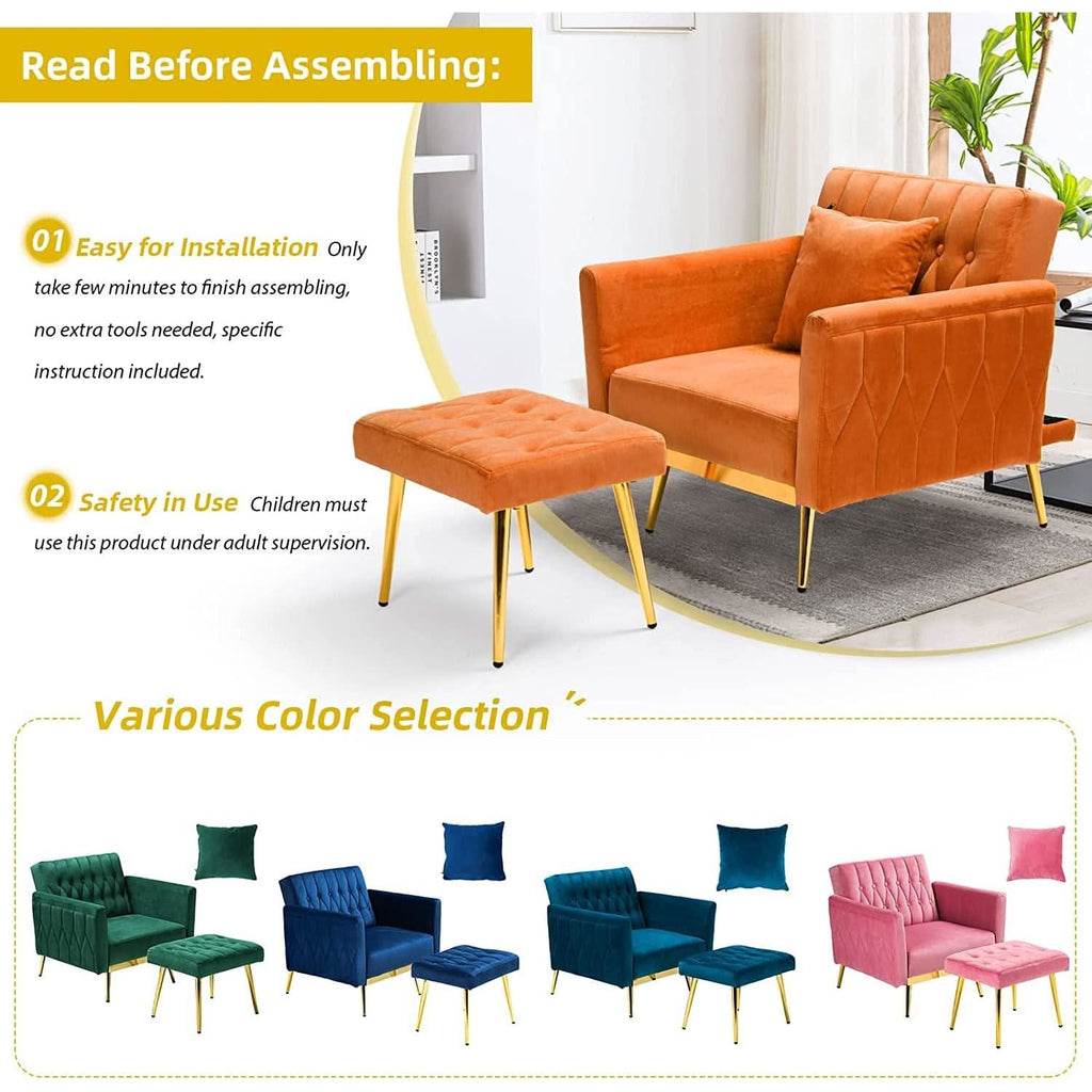 Velvet Armchair With Ottoman And Adjustable Backrest Orange