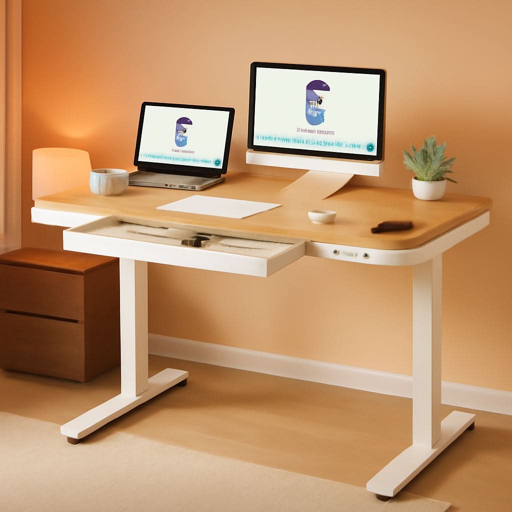 Electric Standing Desk USB Ports And Drawer Bamboo White