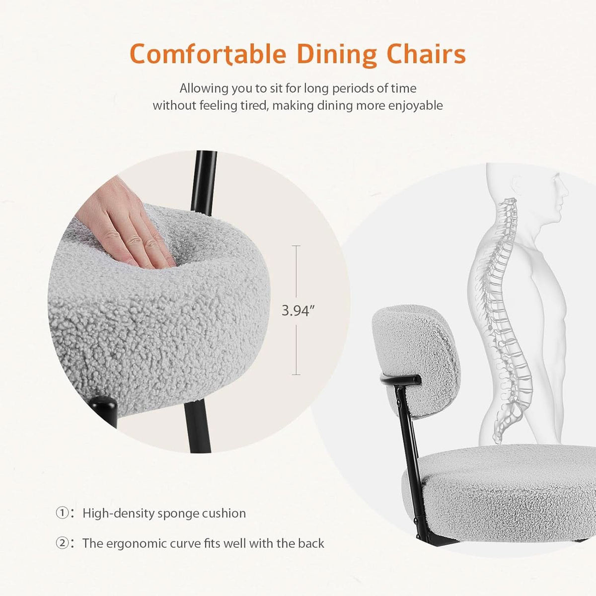 Boucle Upholstered Dining Chairs Set Of 4 With Curved Backrest Metal Legs Grey