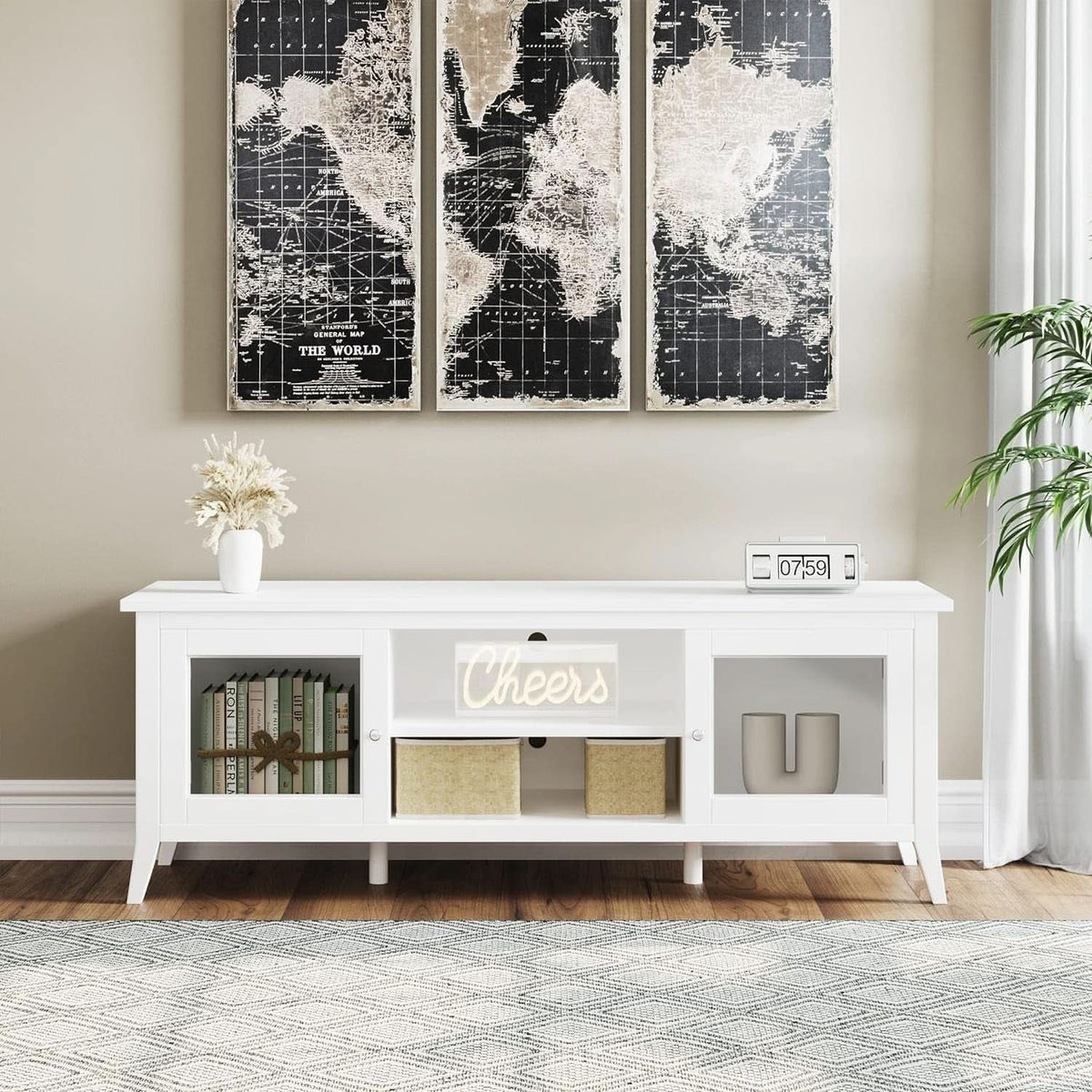 55 Inch TV Stand White With Storage Shelves And Cubbies