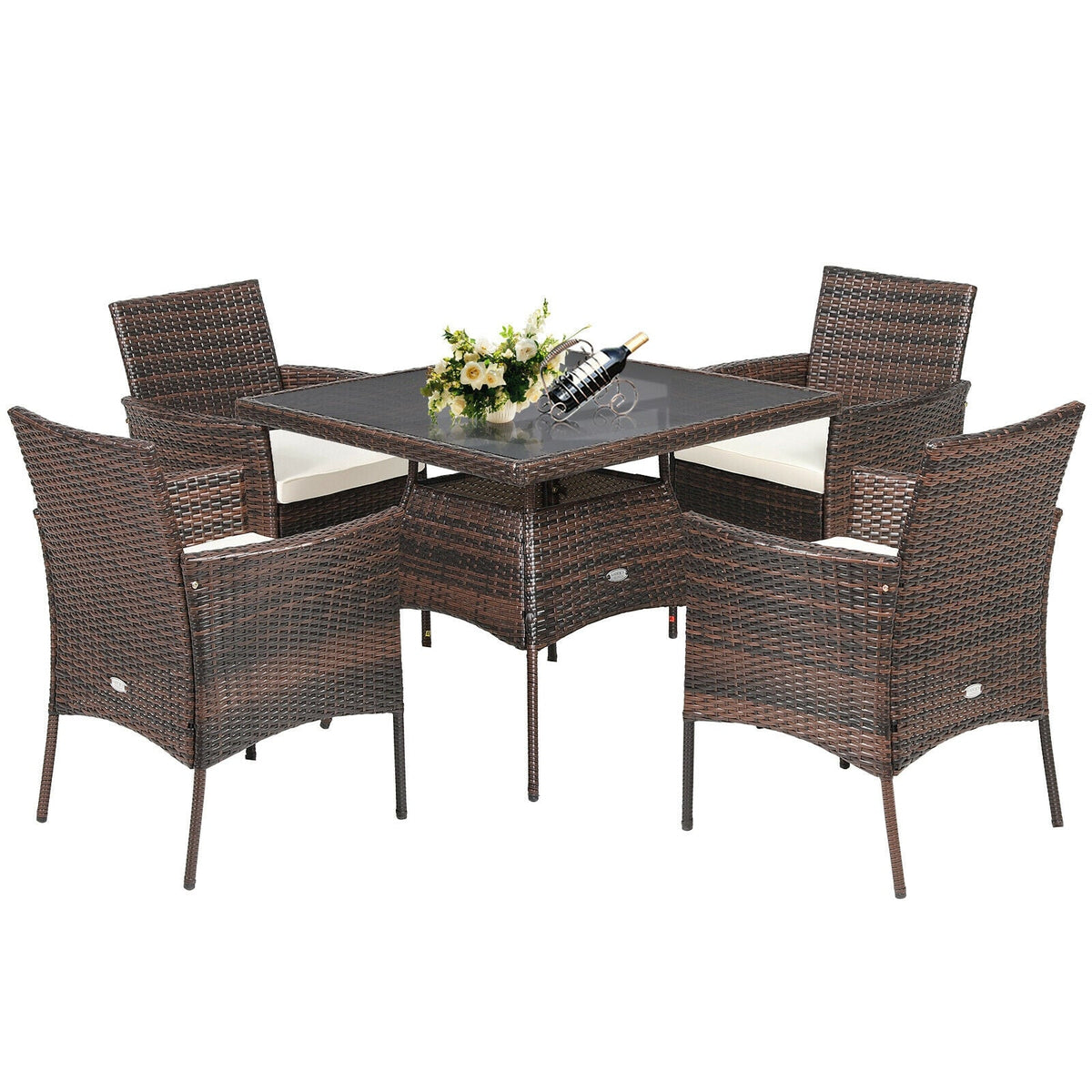 5 Pieces Patio Rattan Dining Furniture Set with Arm Chair and Wooden Table Top