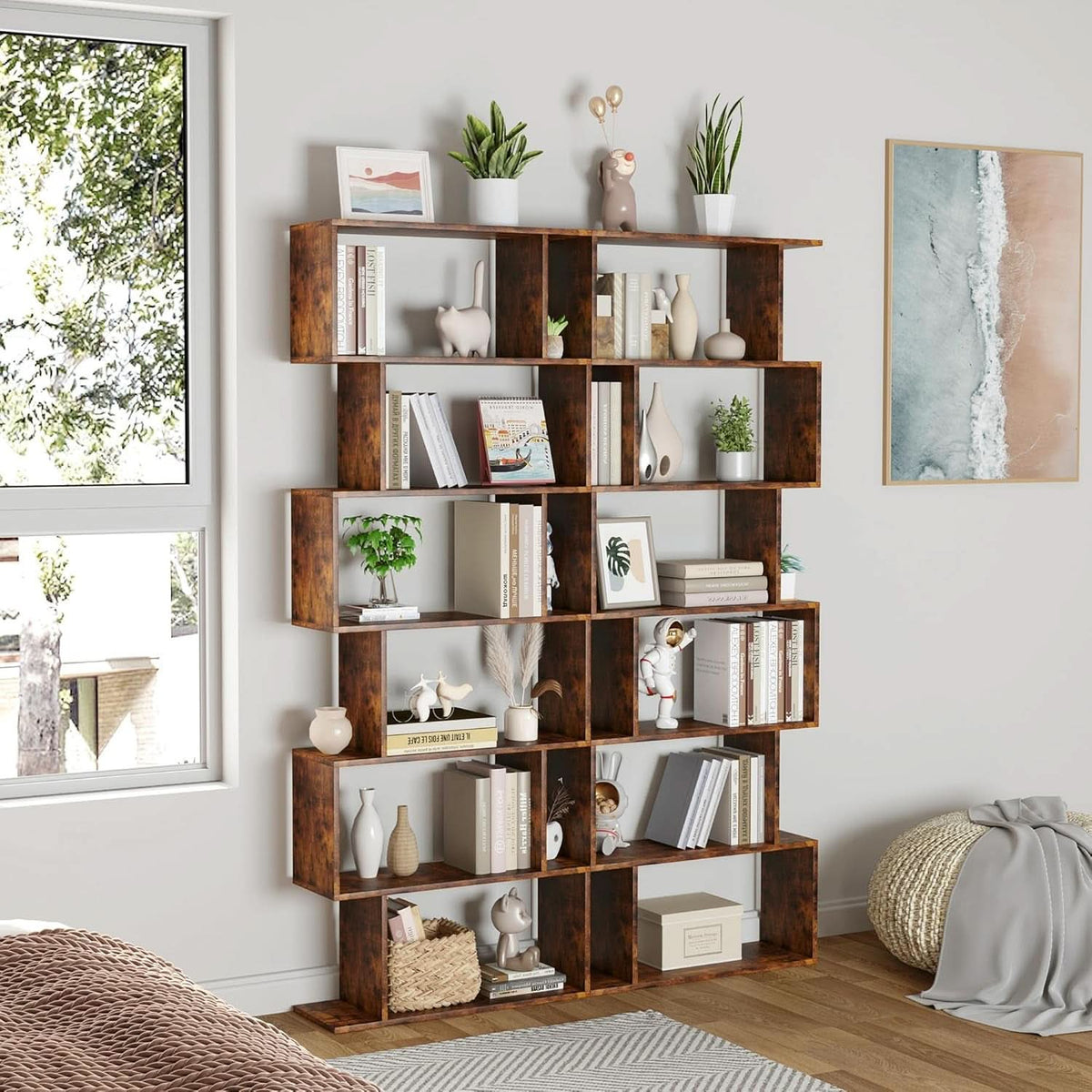 Geometric Bookcase 6 Tier S Shaped Rustic Brown Wood Shelf